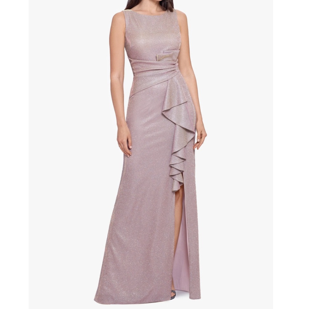 Betsy & Adam Glitter Metallic Shimmery Gold & Pink Multi Cascading Ruffle Gown